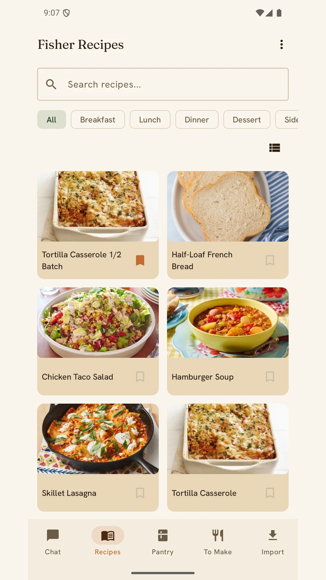 Recipe Android app — Recipes: a search field and meal filters (All, Breakfast, Lunch, Dinner, Dessert) above a two-column grid of photo cards, including Tortilla Casserole 1/2 Batch (bookmarked), Half-Loaf French Bread, Chicken Taco Salad, Hamburger Soup and Skillet Lasagna.