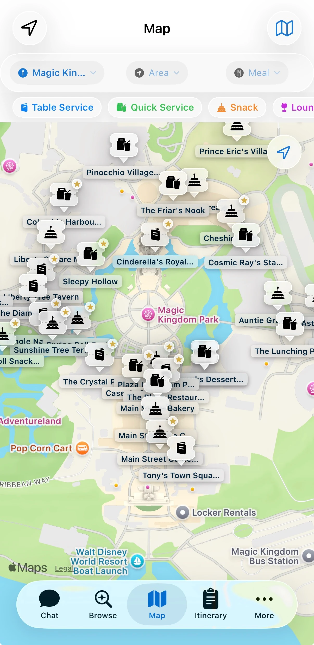 Theme-park dining iPhone app — Map tab showing a Magic Kingdom map dotted with restaurant pins (Cinderella's Royal Table, Skipper Canteen, Sleepy Hollow, Liberty Tree Tavern, Cosmic Ray's, Plaza Restaurant, Sunshine Tree Terrace, Tony's Town Square) and filter chips for Table Service, Quick Service, Snack, and Lounge.