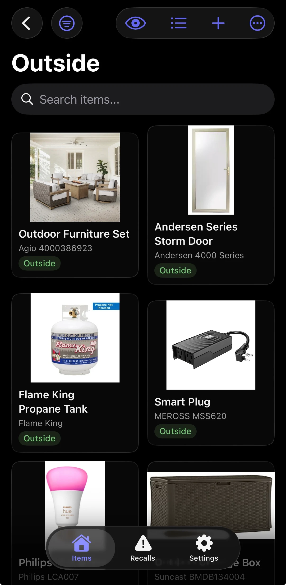 Home Inventory iOS app — dark-mode Outside room view with a search bar and a grid of item cards (Outdoor Furniture Set, Andersen Storm Door, Flame King Propane Tank, Smart Plug, Philips Hue bulb, Suncast deck box) and a floating tab bar for Items, Recalls, and Settings.
