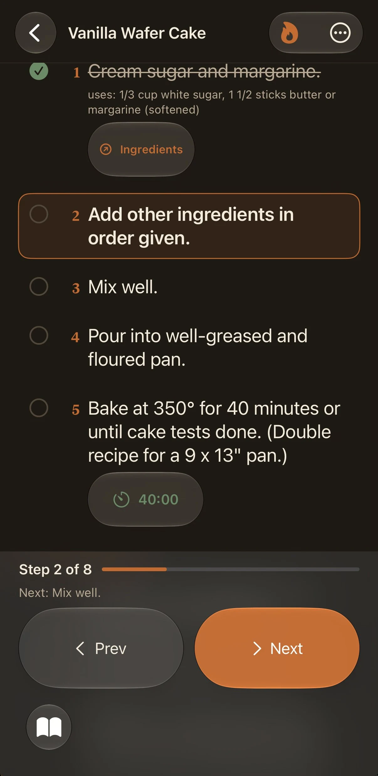 Recipe iOS app — Cook Mode for Vanilla Wafer Cake: step 1 checked off and struck through with the ingredients it uses, step 2 highlighted as the current step, a 40:00 timer button on the 'Bake at 350° for 40 minutes' step, and a footer reading 'Step 2 of 8' with a progress bar, the next step, and Prev and Next buttons.