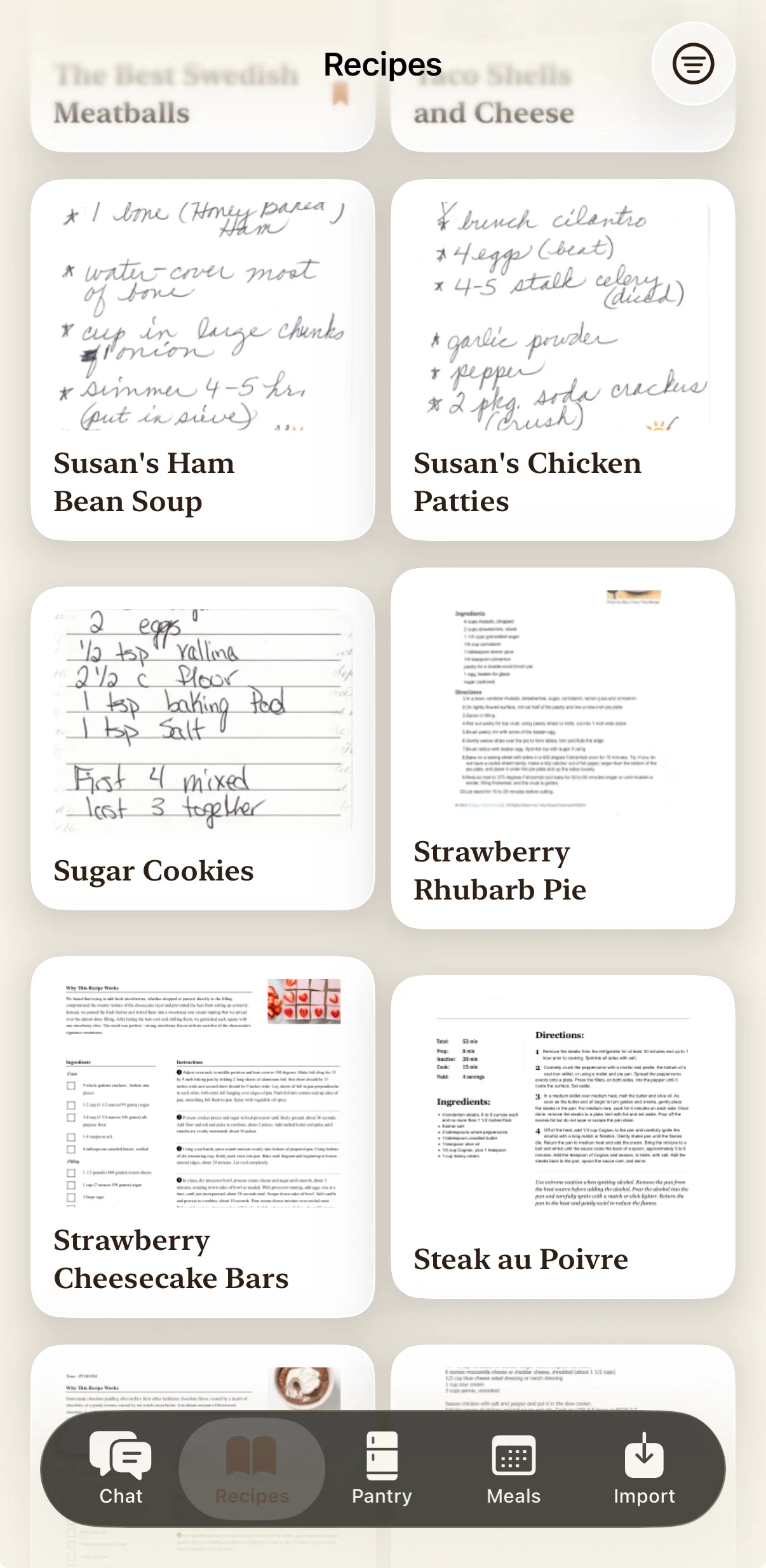 Recipe iOS app — Recipes library grid showing ingested recipes with thumbnails, including handwritten family recipes (Susan's Ham Bean Soup, Susan's Chicken Patties, Sugar Cookies) and printed cookbook pages (Strawberry Rhubarb Pie, Strawberry Cheesecake Bars, Steak au Poivre).