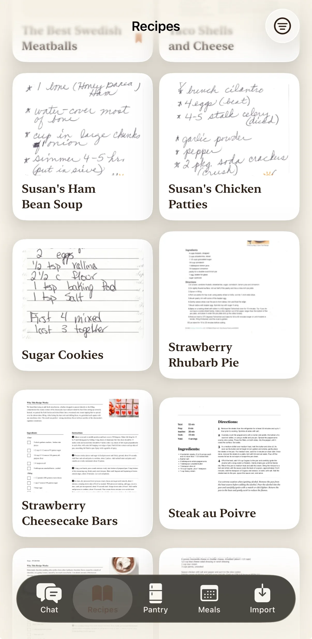 Recipe iOS app — Recipes library grid showing ingested recipes with thumbnails, including handwritten family recipes (Susan's Ham Bean Soup, Susan's Chicken Patties, Sugar Cookies) and printed cookbook pages (Strawberry Rhubarb Pie, Strawberry Cheesecake Bars, Steak au Poivre).