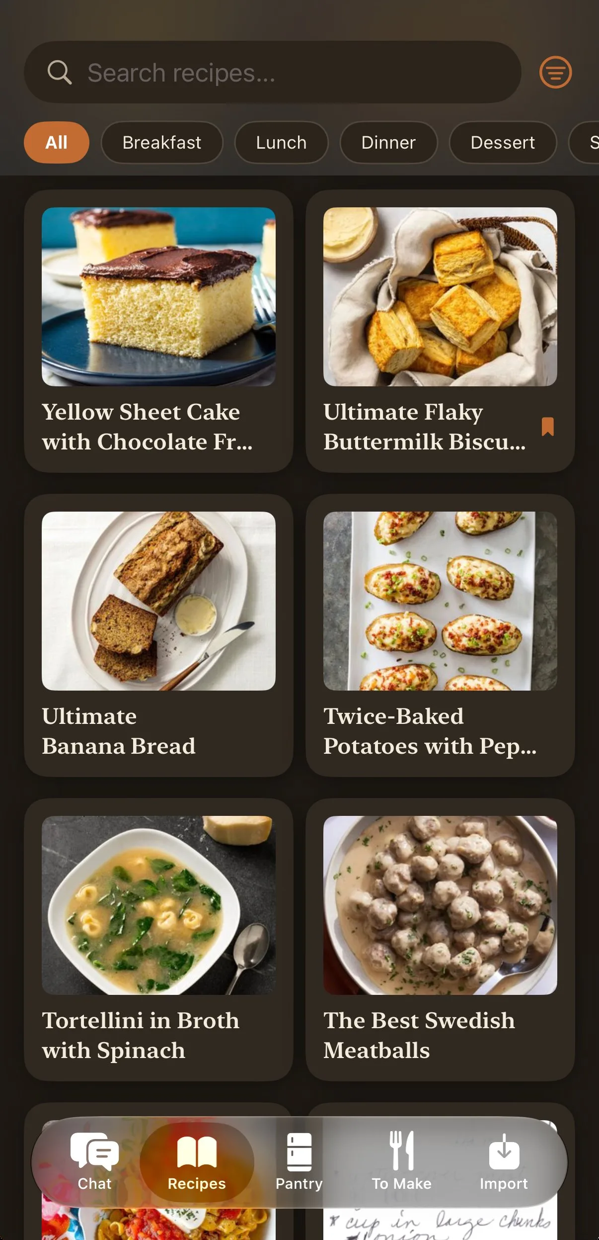 Recipe iOS app — Recipes tab: a search field and meal filters (All, Breakfast, Lunch, Dinner, Dessert) above a two-column grid of photo cards, including Yellow Sheet Cake with Chocolate Frosting, Ultimate Flaky Buttermilk Biscuits (bookmarked), Ultimate Banana Bread, Twice-Baked Potatoes, Tortellini in Broth with Spinach and The Best Swedish Meatballs.