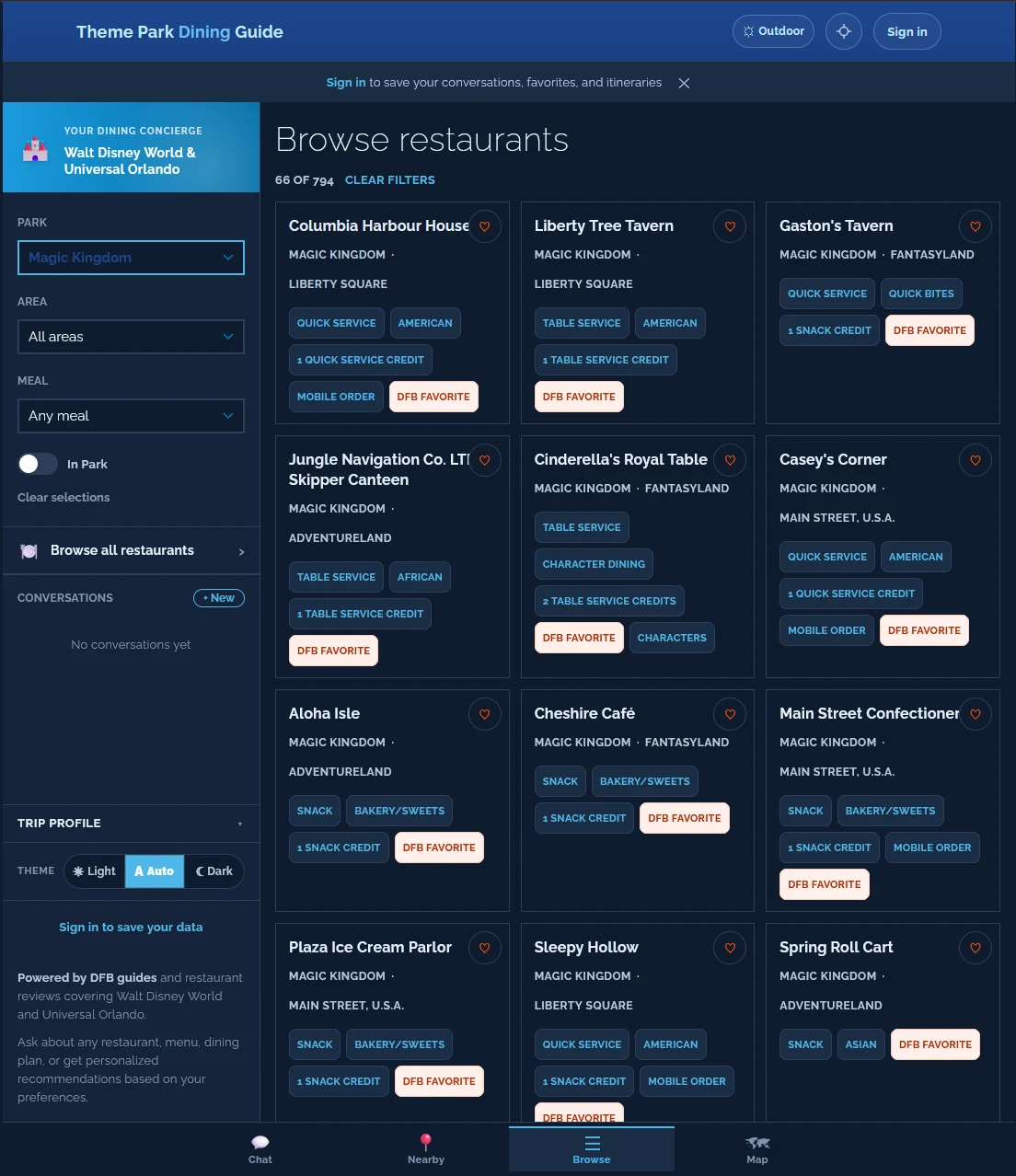 Theme-park dining concierge web app — Browse view with a grid of restaurant cards spanning Magic Kingdom: Columbia Harbour House, Liberty Tree Tavern, Gaston's Tavern, Jungle Navigation Co. Skipper Canteen, Cinderella's Royal Table, Casey's Corner, Aloha Isle, Cheshire Cafe, Main Street Confectionery, Plaza Ice Cream Parlor, Sleepy Hollow, Sunshine Tree Terrace, Spring Roll Cart.