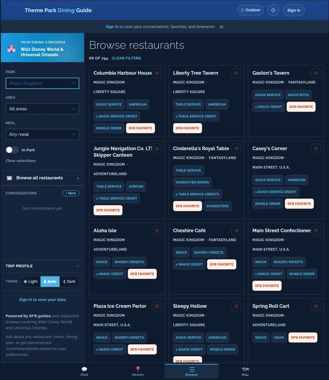 Theme-park dining concierge web app — Browse view with a grid of restaurant cards spanning Magic Kingdom: Columbia Harbour House, Liberty Tree Tavern, Gaston's Tavern, Jungle Navigation Co. Skipper Canteen, Cinderella's Royal Table, Casey's Corner, Aloha Isle, Cheshire Cafe, Main Street Confectionery, Plaza Ice Cream Parlor, Sleepy Hollow, Sunshine Tree Terrace, Spring Roll Cart.
