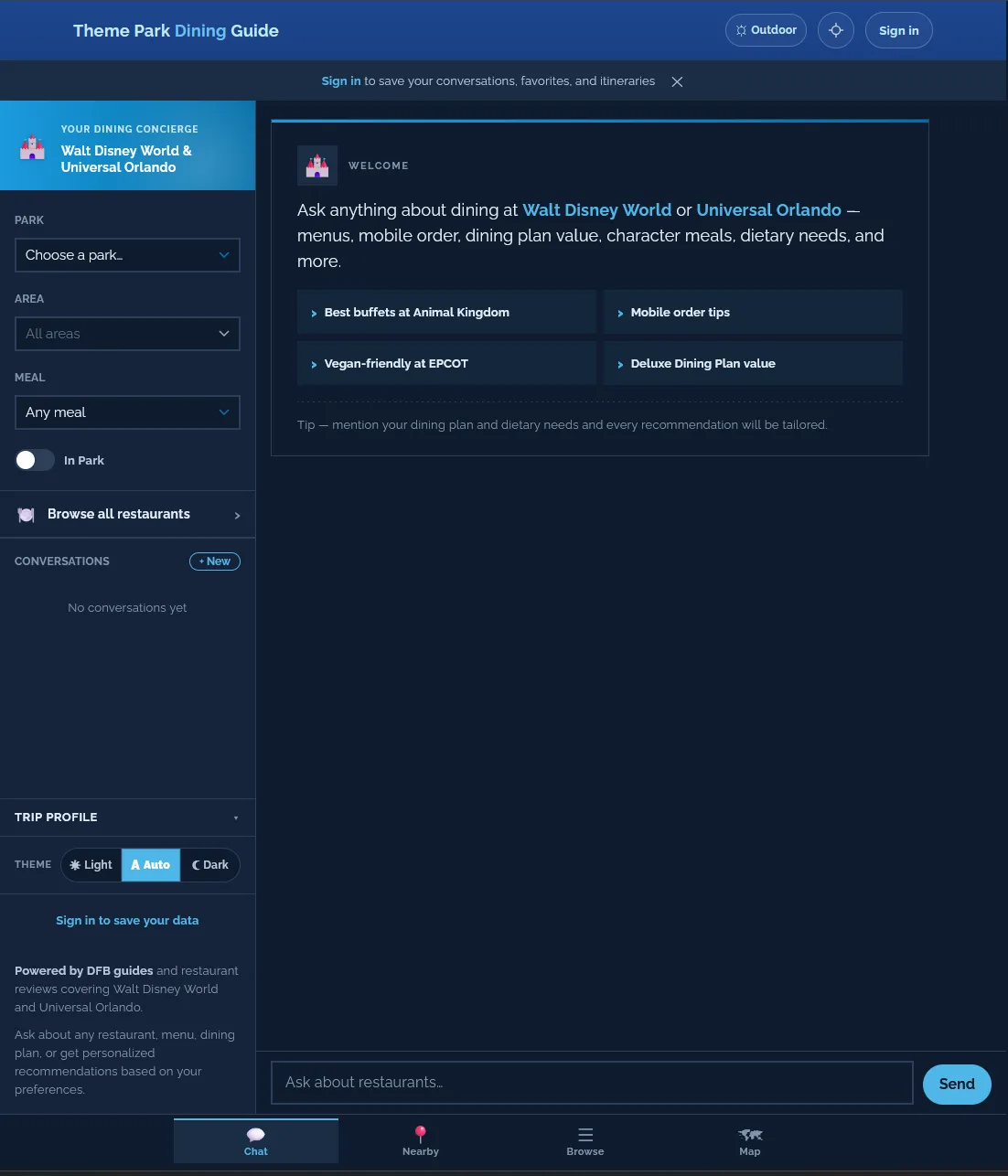 Theme-park dining concierge web app — Chat tab welcome state. Left sidebar with park, area, and meal filters; main panel headlined 'Welcome' with suggested prompts like buffets at Animal Kingdom, mobile order tips, vegan options at EPCOT, and Deluxe Dining Plan value.