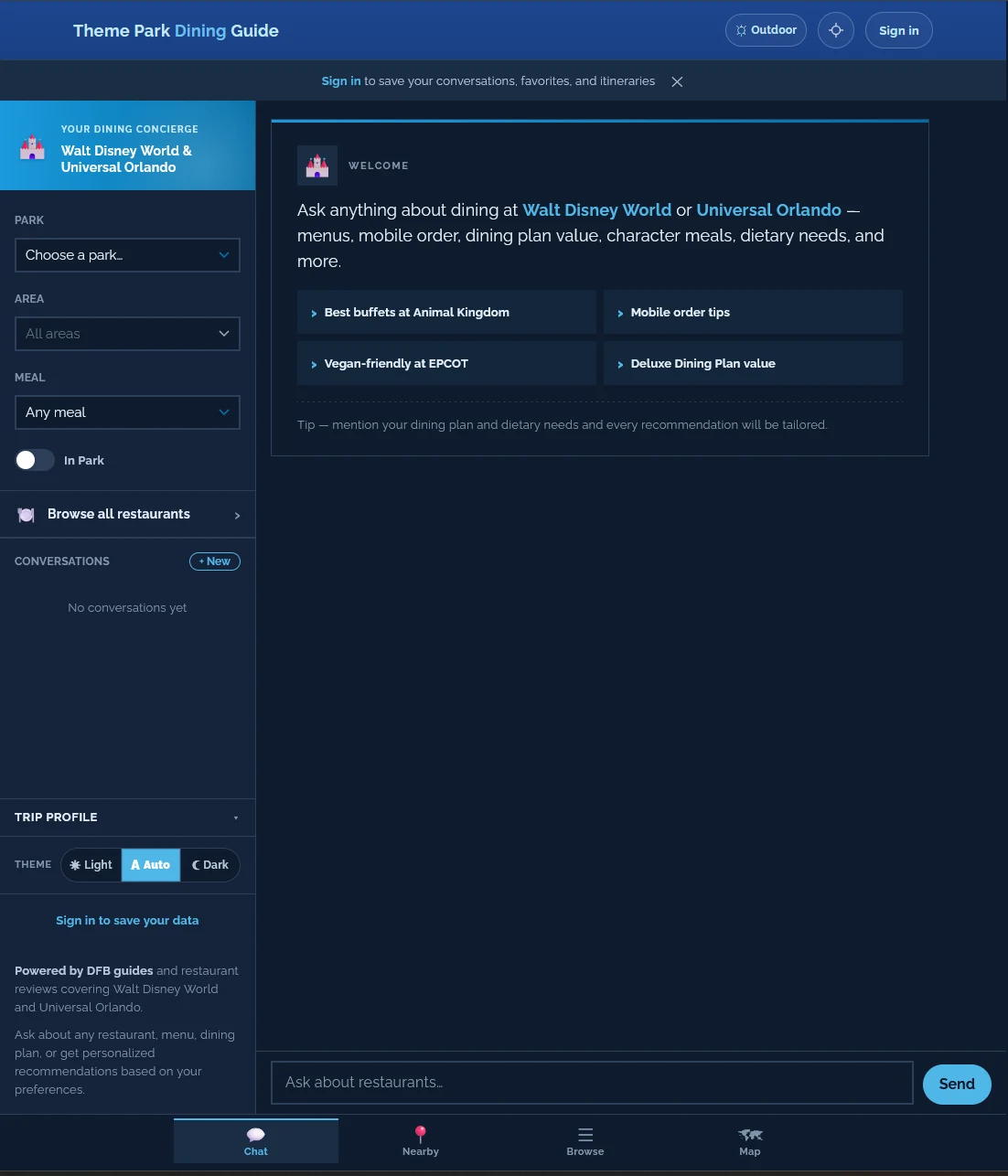 Theme-park dining concierge web app — Chat tab welcome state. Left sidebar with park, area, and meal filters; main panel headlined 'Welcome' with suggested prompts like buffets at Animal Kingdom, mobile order tips, vegan options at EPCOT, and Deluxe Dining Plan value.