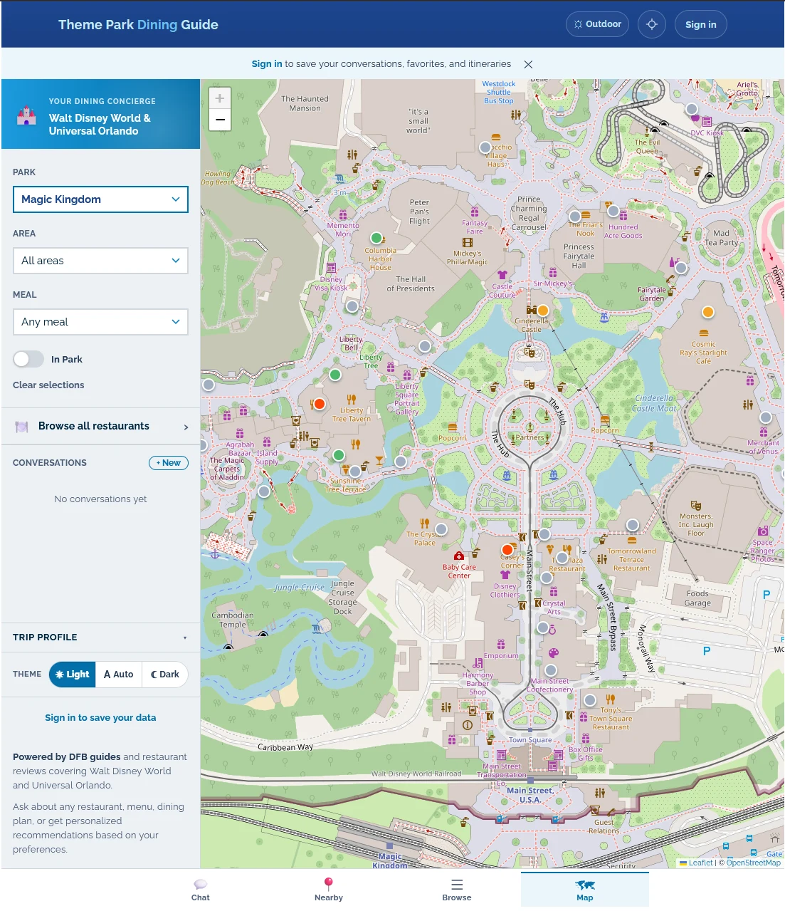 Theme-park dining concierge web app — Map view of Magic Kingdom rendered with restaurant pins for table service, quick service, snacks, and lounges across the park's lands.