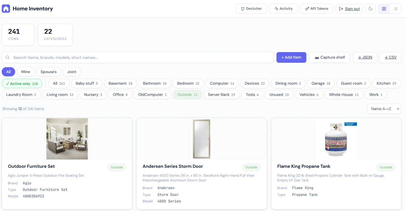 Home Inventory web app — dashboard view with 248 items across 22 categories, room filter chips, and a grid of item cards showing photos, brands, types, and model numbers.